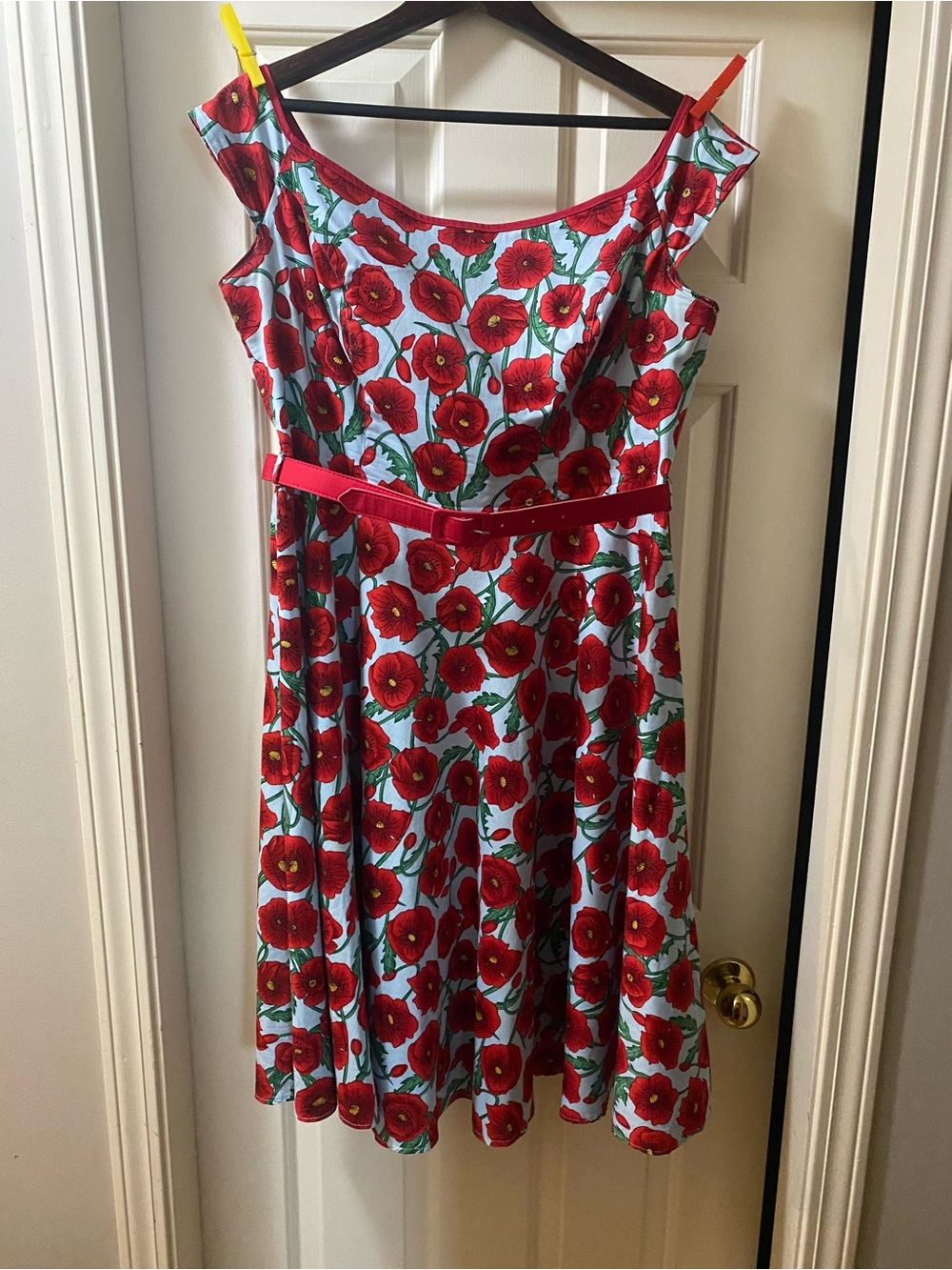 Hell Bunny Red Poppy Print Dress with Belt
